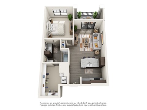 A floor plan of a small apartment with a kitchen, living room, and bedroom at Vestavia Reserve in Vestavia Hills, AL.